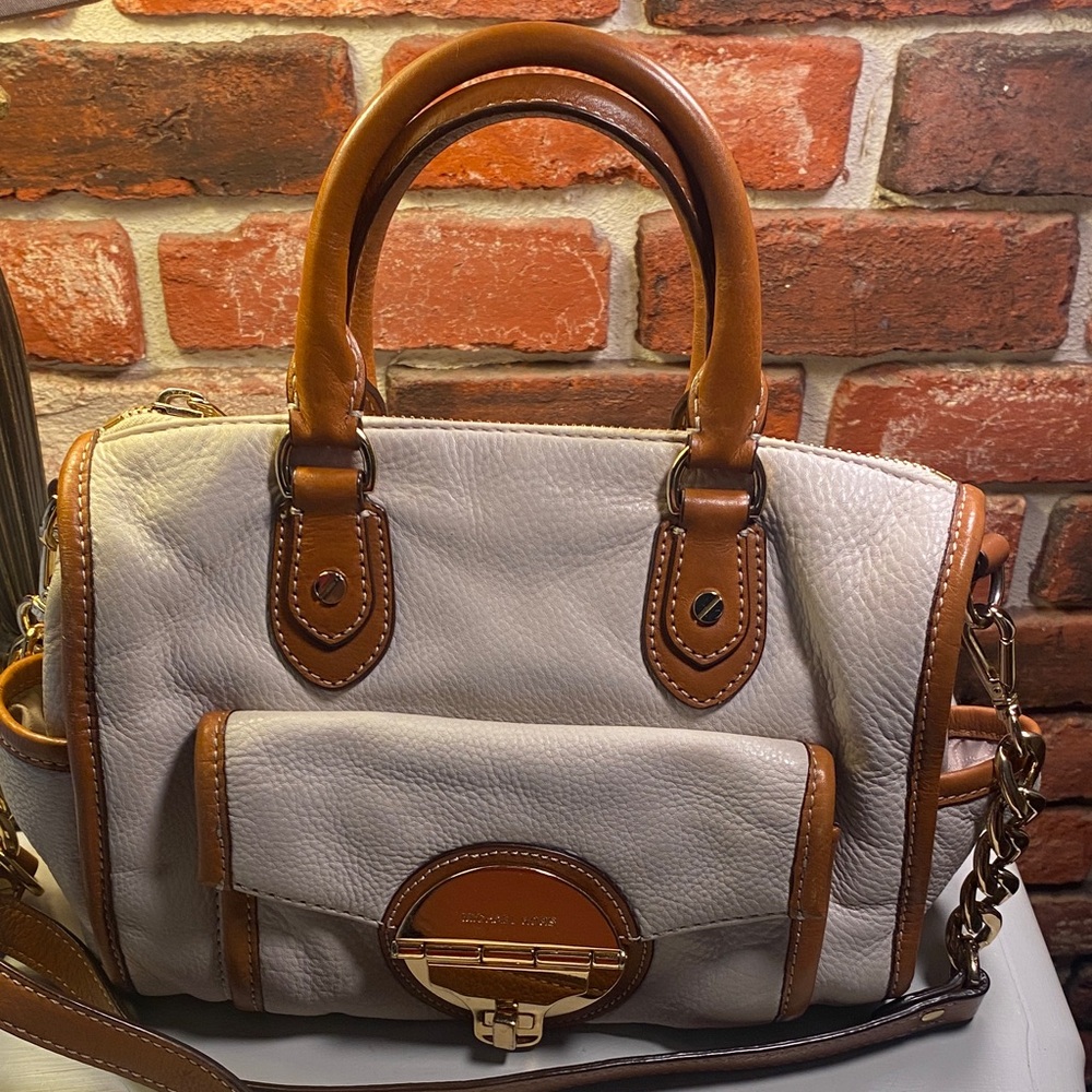 Michael Kors Cream and Tan Leather Satchel with Gold Hardware